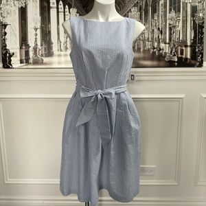 Anne Klein Blue and White Striped Midi Dress with Waist Tie
